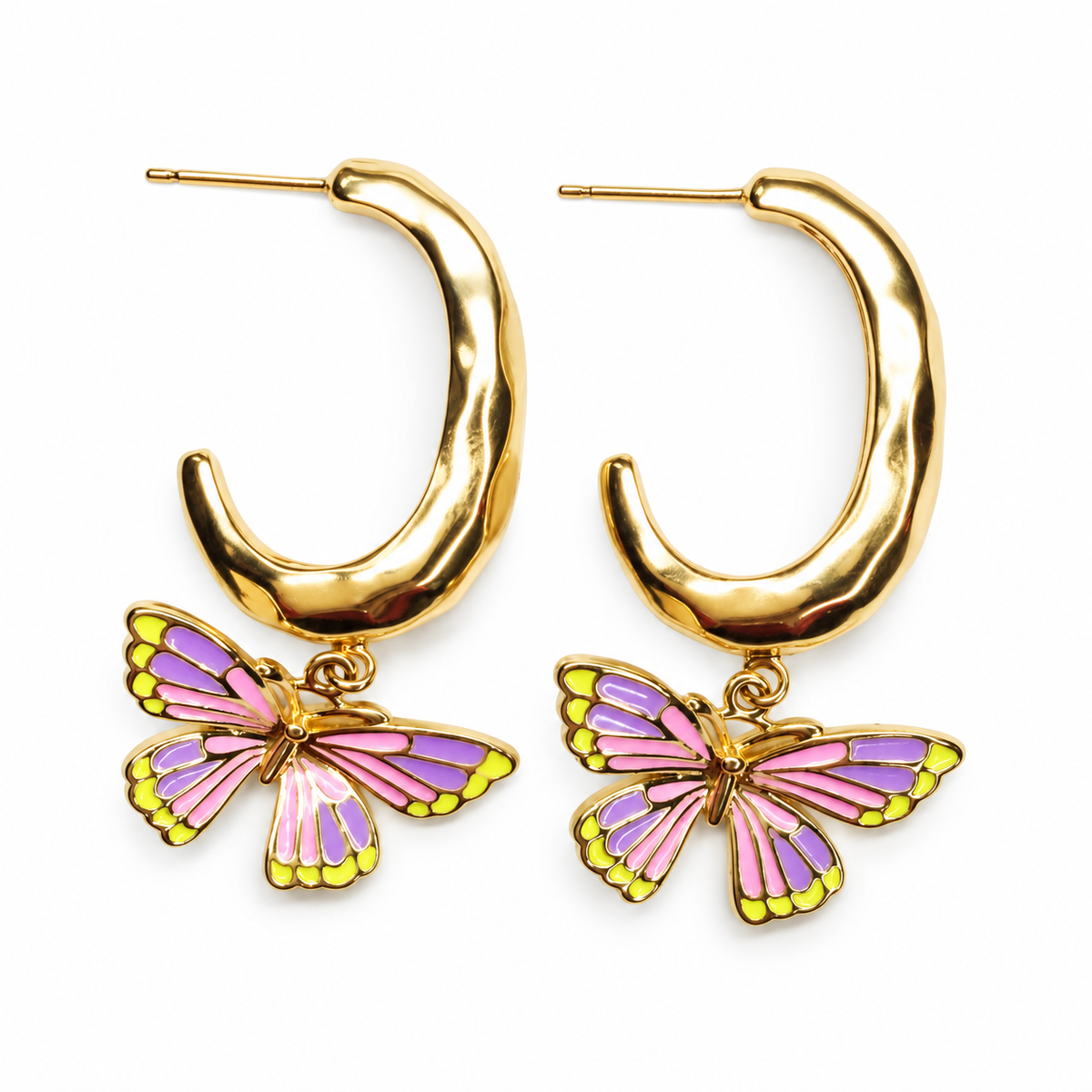 Camellia Lavender Butterfly Hoop Earring on a white background