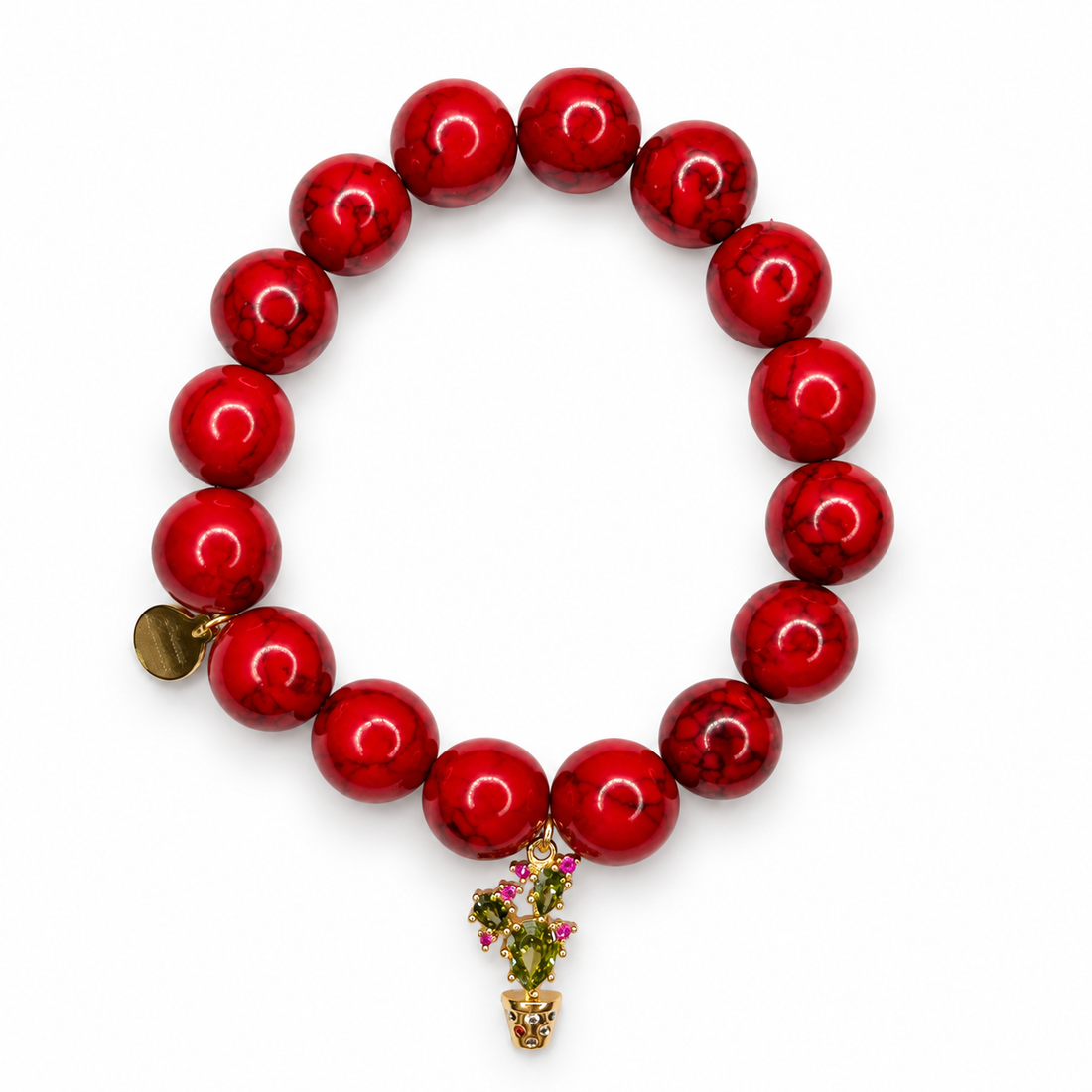 Red Howlite with Gold Cactus on a white background