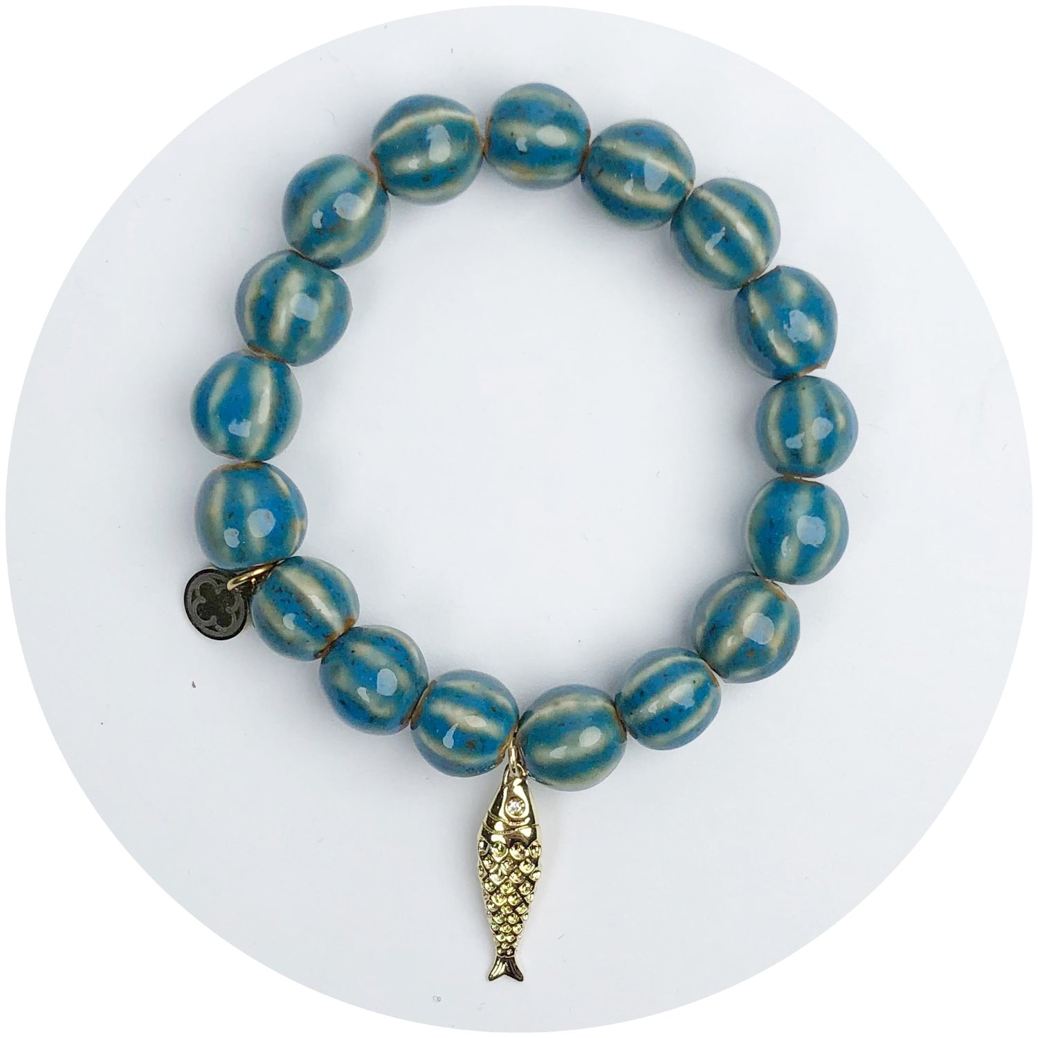 Turquoise Ceramic Riccio Bead with Gold Sardine Pendant