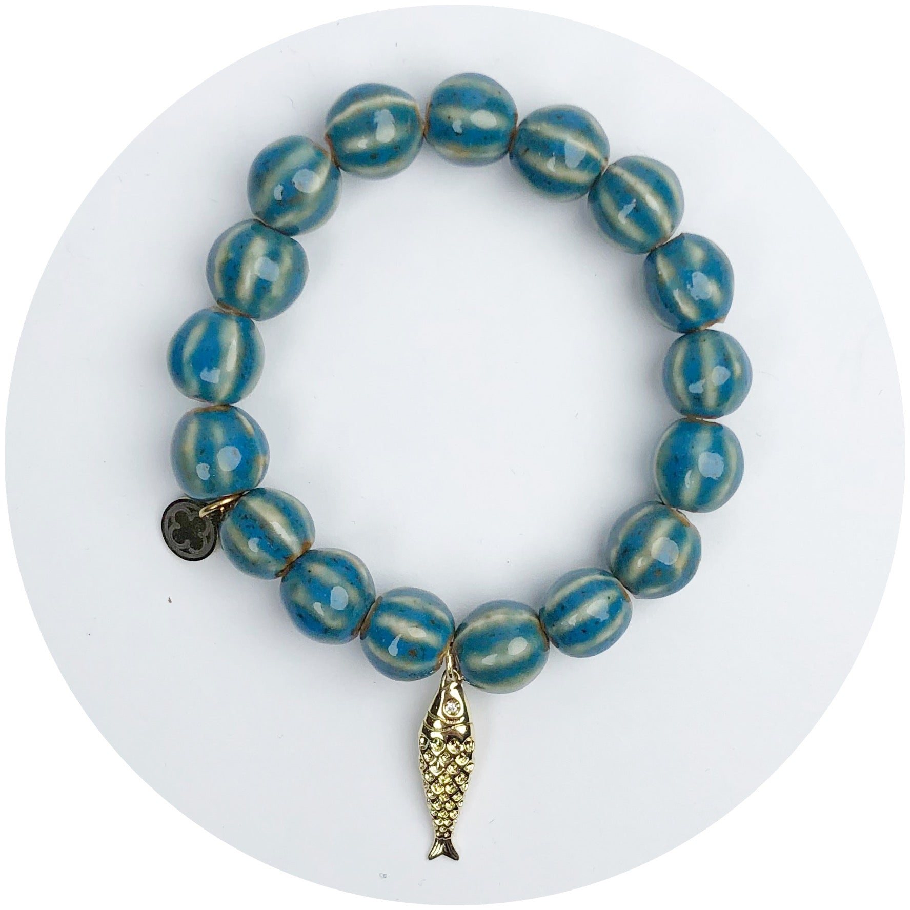 Turquoise Ceramic Riccio Bead with Gold Sardine Pendant