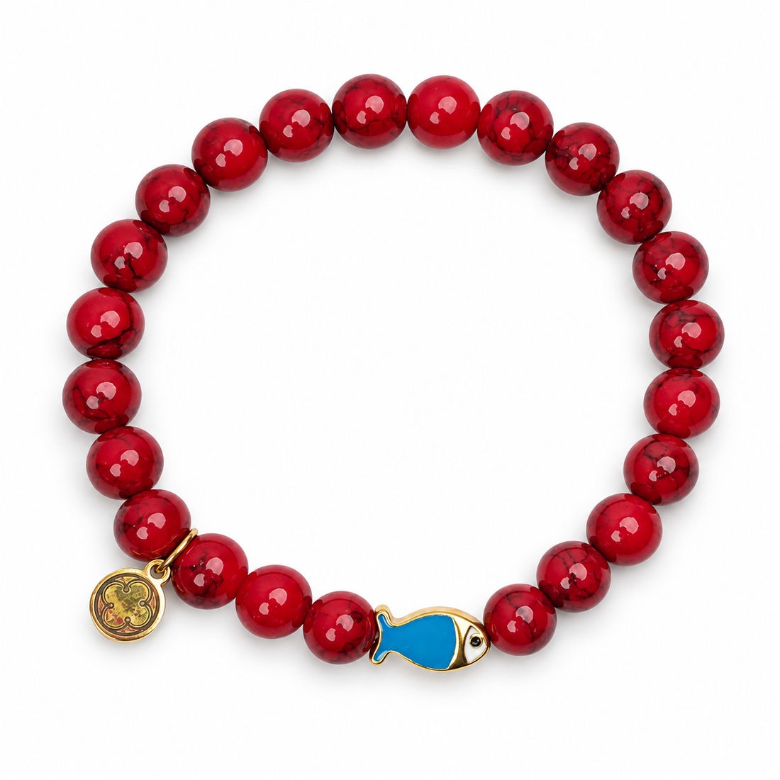 Mens Red Howlite with Enamel Fish Accent on white studio background