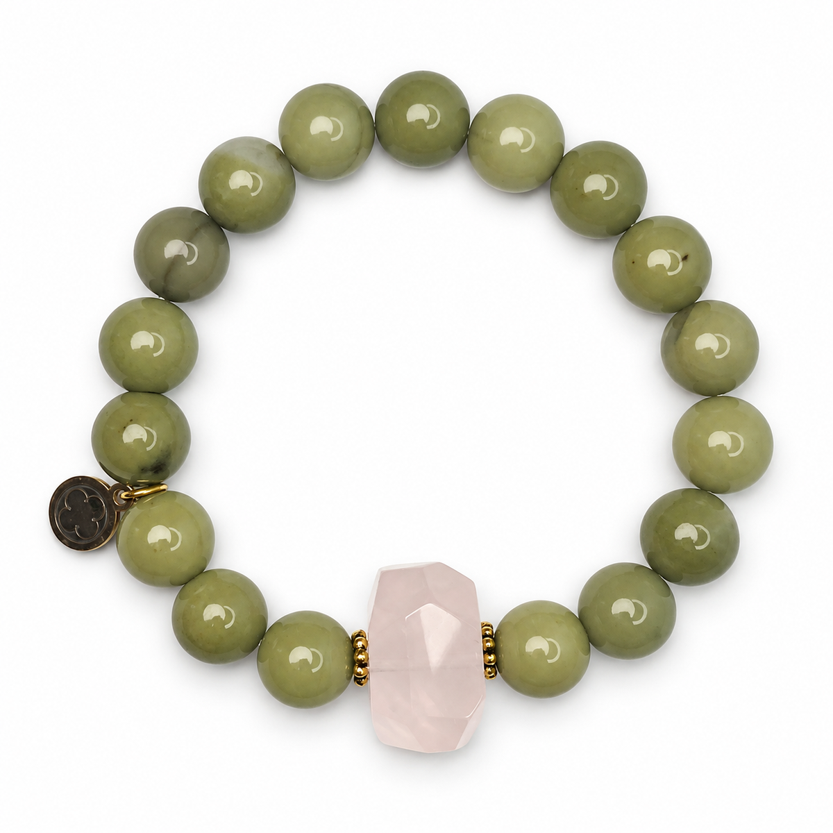 Pistachio Jade with Rose Quartz Nugget Rock Candy on white studio background