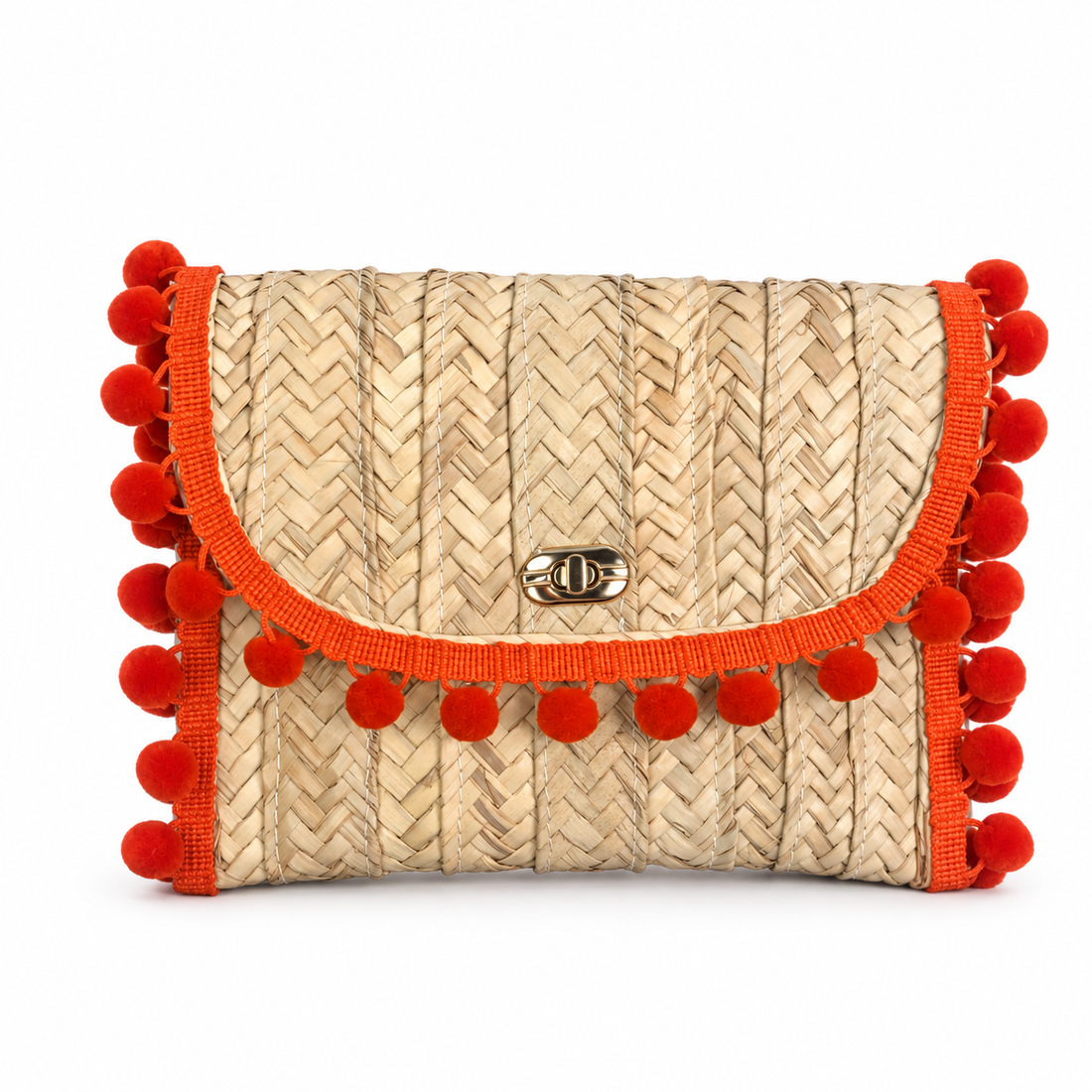 Penelope Orange Pom Pom Trim Straw Clutch - Oriana LaMarca Designs