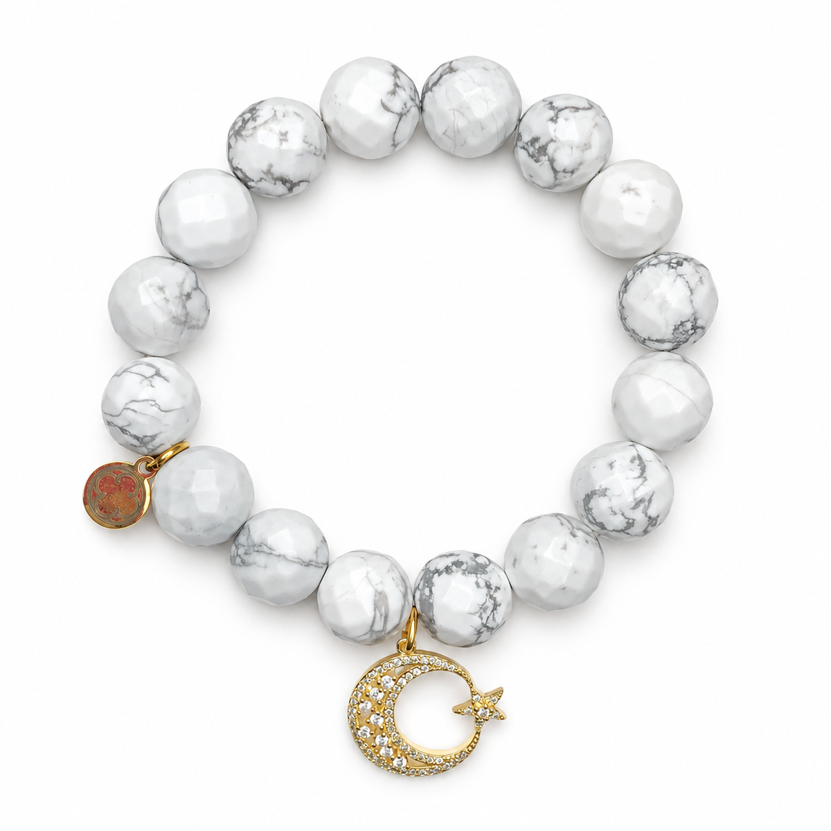 White Howlite with Pavé Crescent Moon &amp; Star Pendant on white studio background