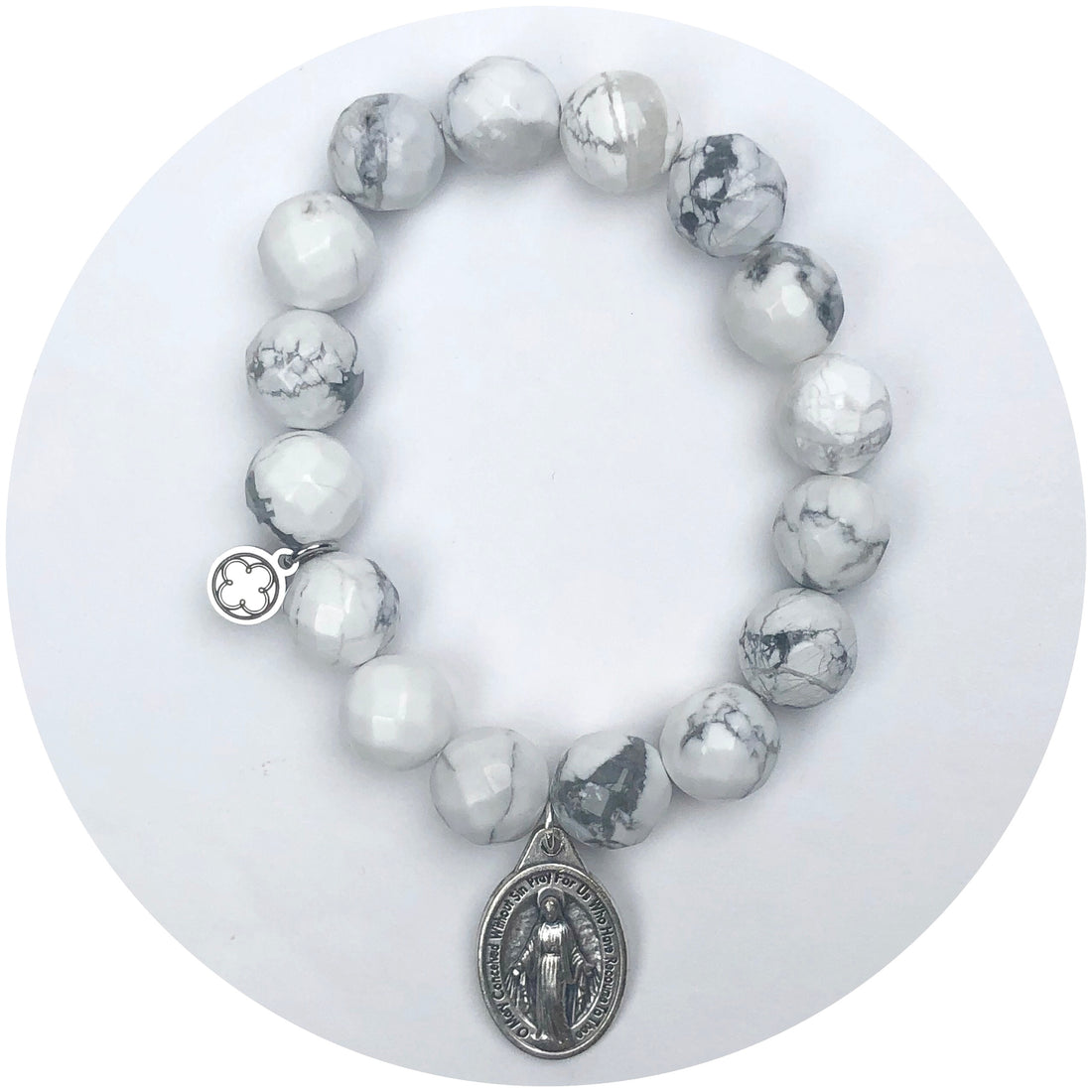 Marbled White Agate with Silver Virgin Mary Pendant