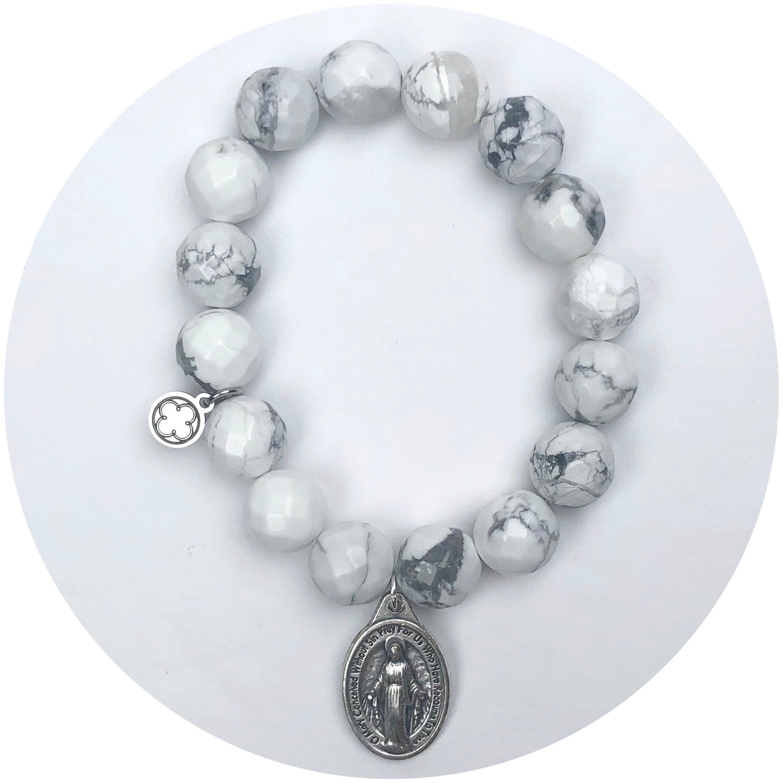 Marbled White Agate with Silver Virgin Mary Pendant