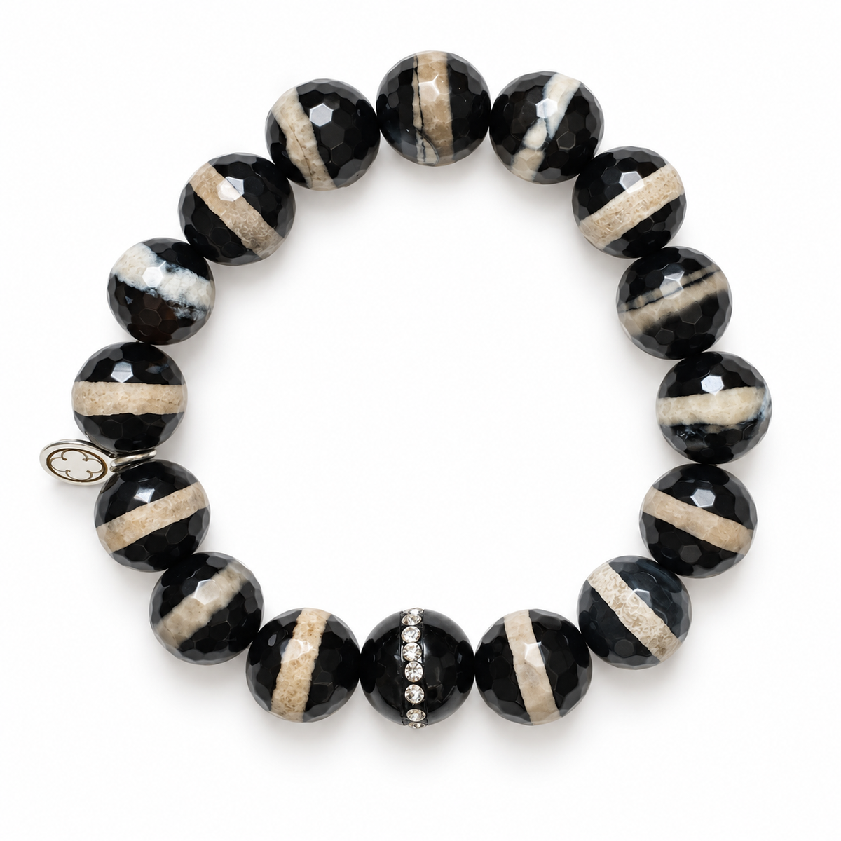 Tibetan Black Zebra Agate with Black Onyx CZ Stripe on a white background