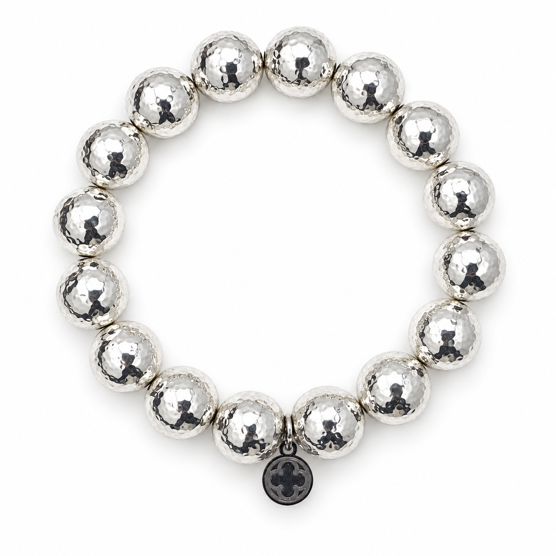 Solid Hammered Sterling Silver Plated Brass Beaded Bracelet on a white background