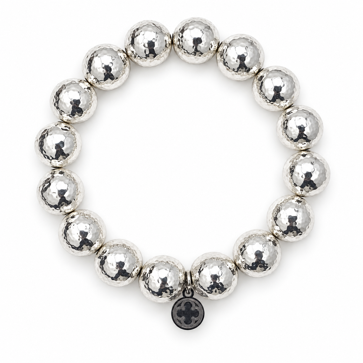 Solid Hammered Sterling Silver Plated Brass Beaded Bracelet on a white background