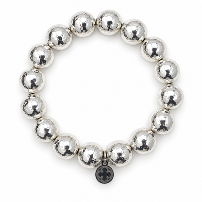 Solid Hammered Sterling Silver Plated Brass Beaded Bracelet on a white background