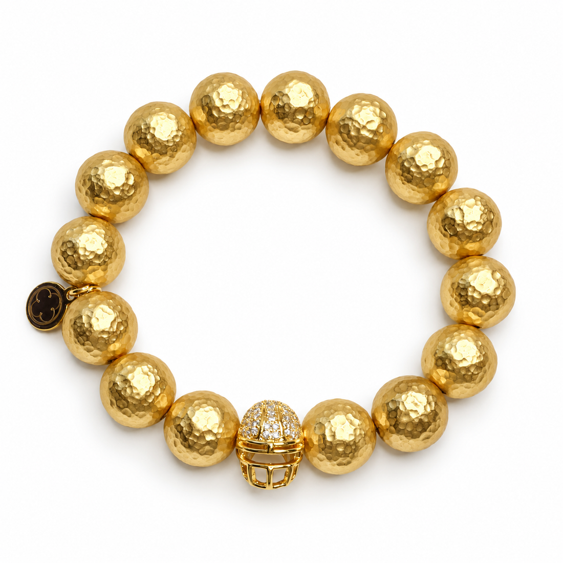 Hammered 22k Gold Plated Brass with Pavé Gold Helmet on white studio background