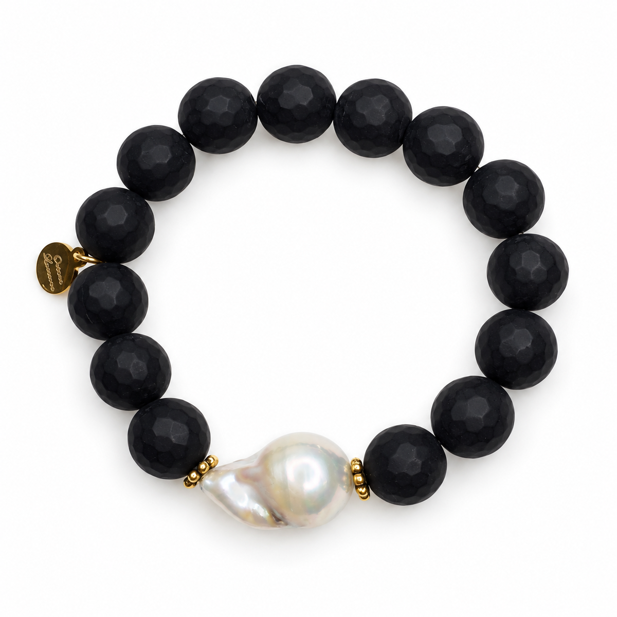 Matte Black Onyx with Freshwater Pearl on white studio background