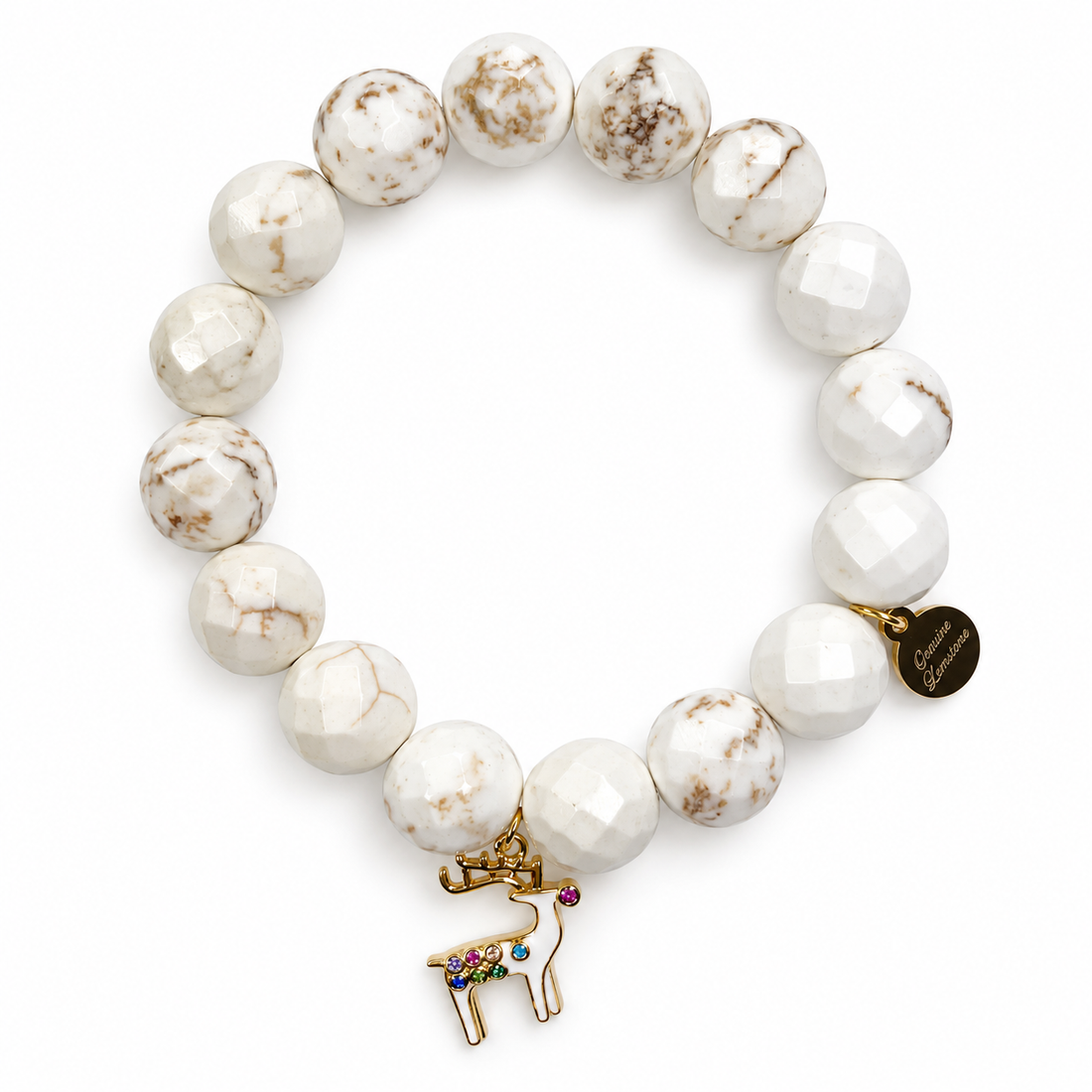 Sleigh Bells Ring White Magnesite with Reindeer Pendant on white studio background