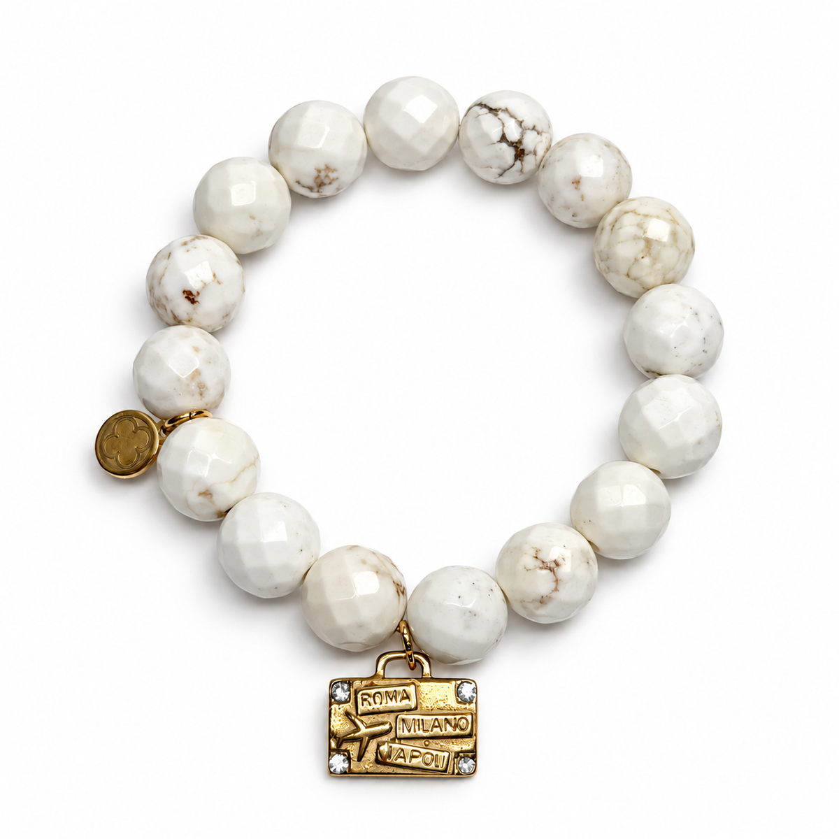 LIMITED EDITION White Magnesite with Destination Luggage Pendant on white studio background