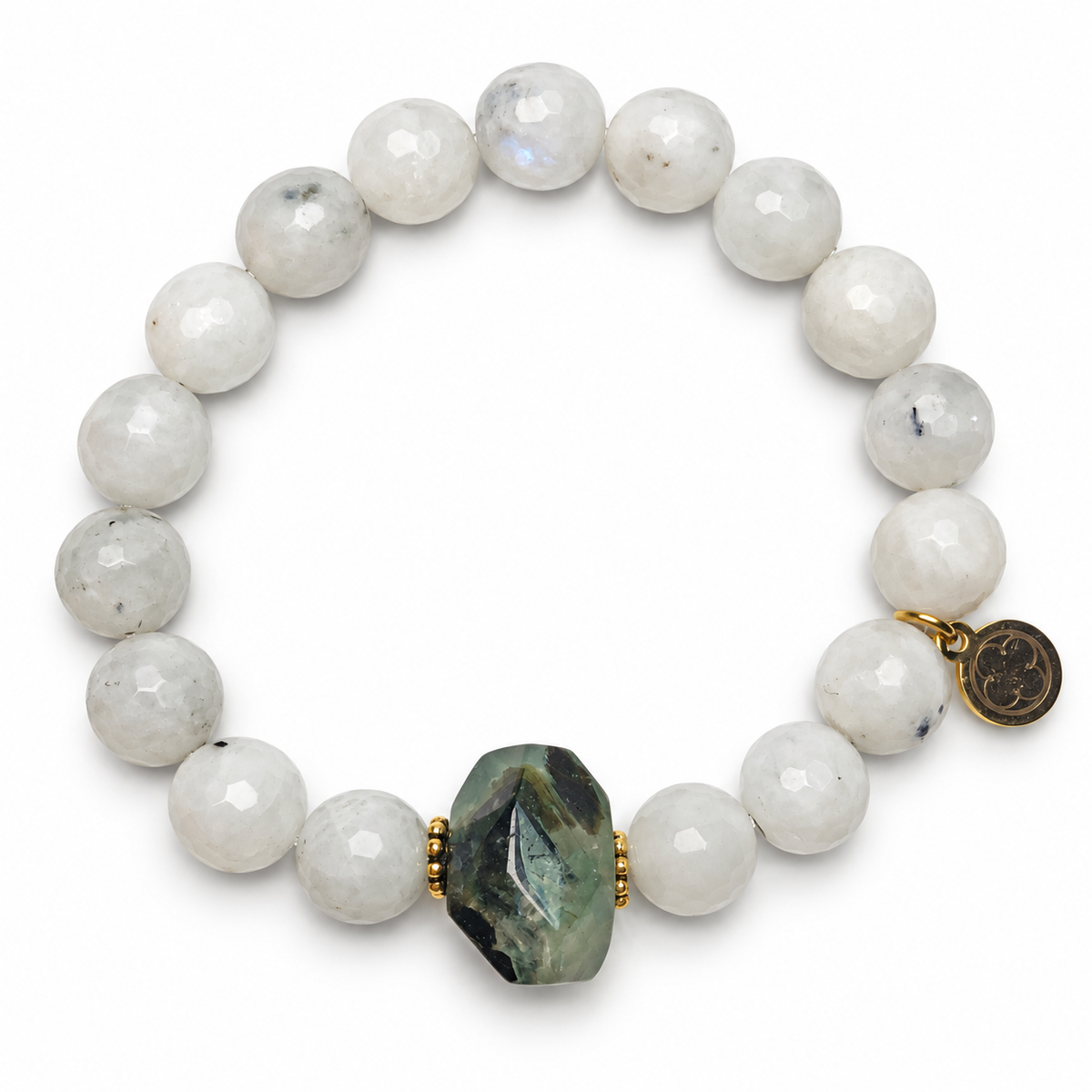 Moonstone with Green Quartz Nugget Rock Candy on white studio background
