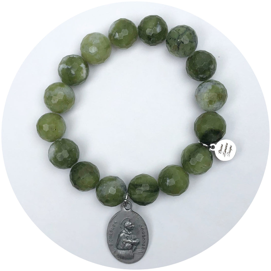 Dusty Olive Stone With Sacrament/Saint Charles Pendant
