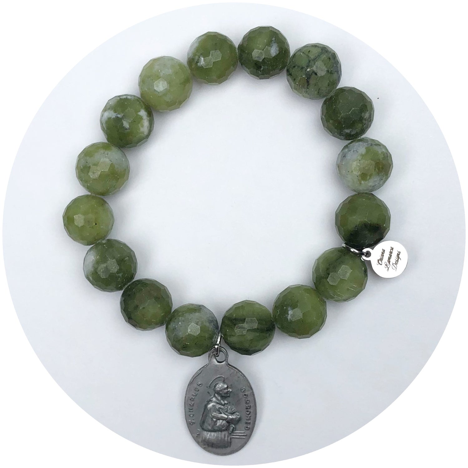 Dusty Olive Stone With Sacrament/Saint Charles Pendant