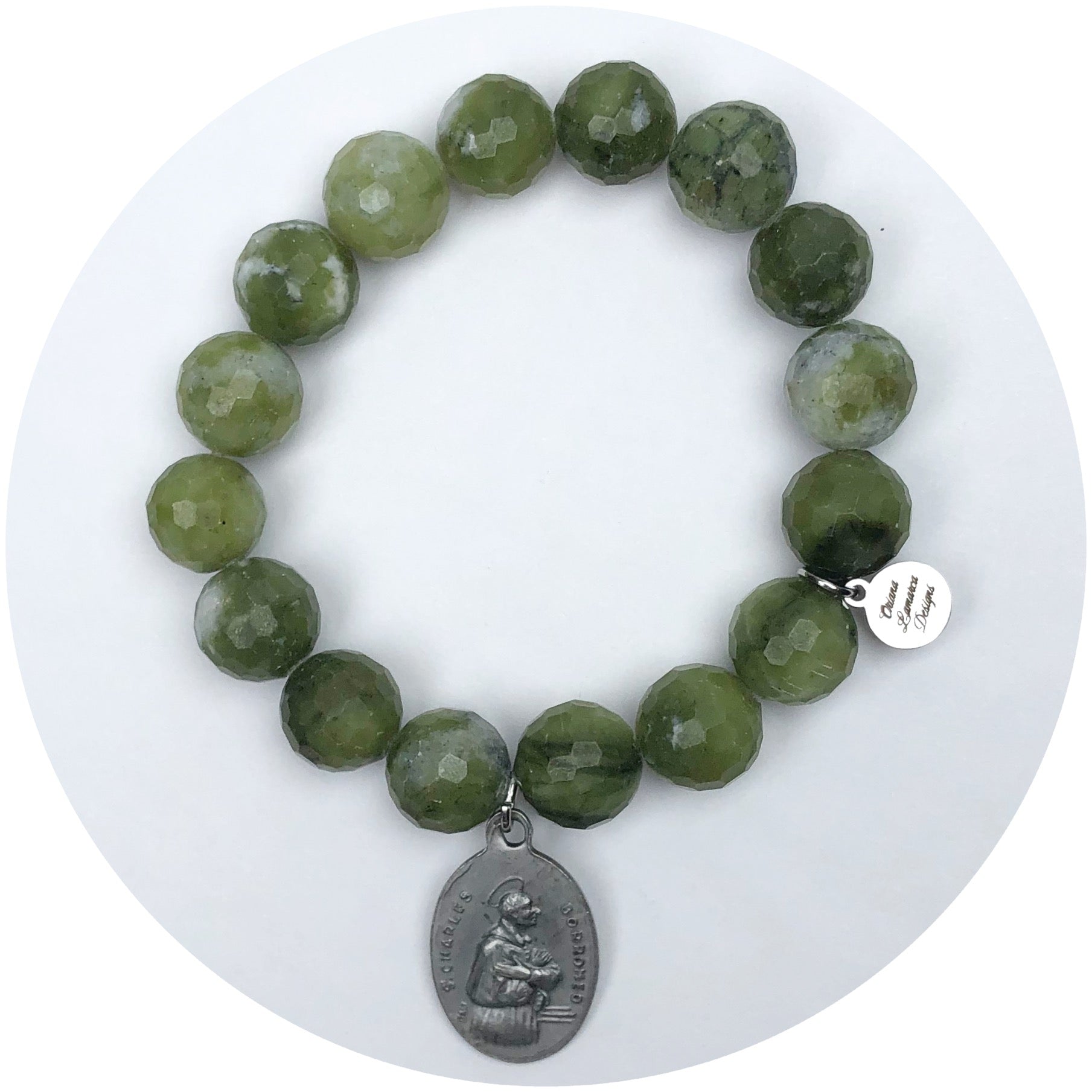 Dusty Olive Stone With Sacrament/Saint Charles Pendant