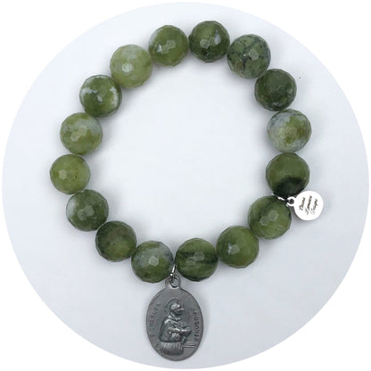 Dusty Olive Stone With Sacrament/Saint Charles Pendant
