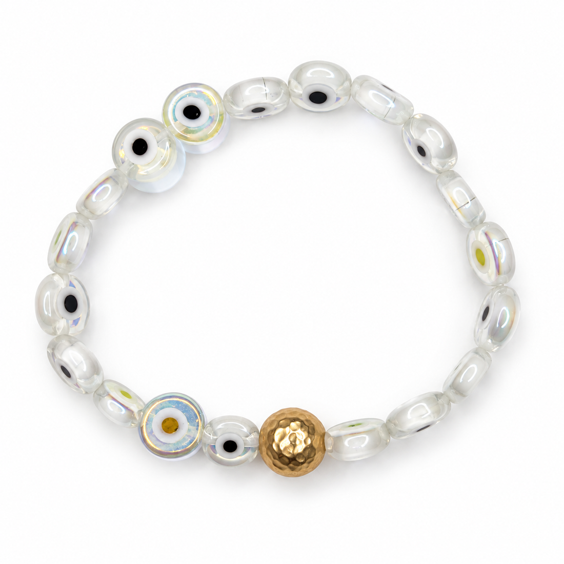White Iridescent Evil Eye Glass with Hammered Gold Accent on white studio background