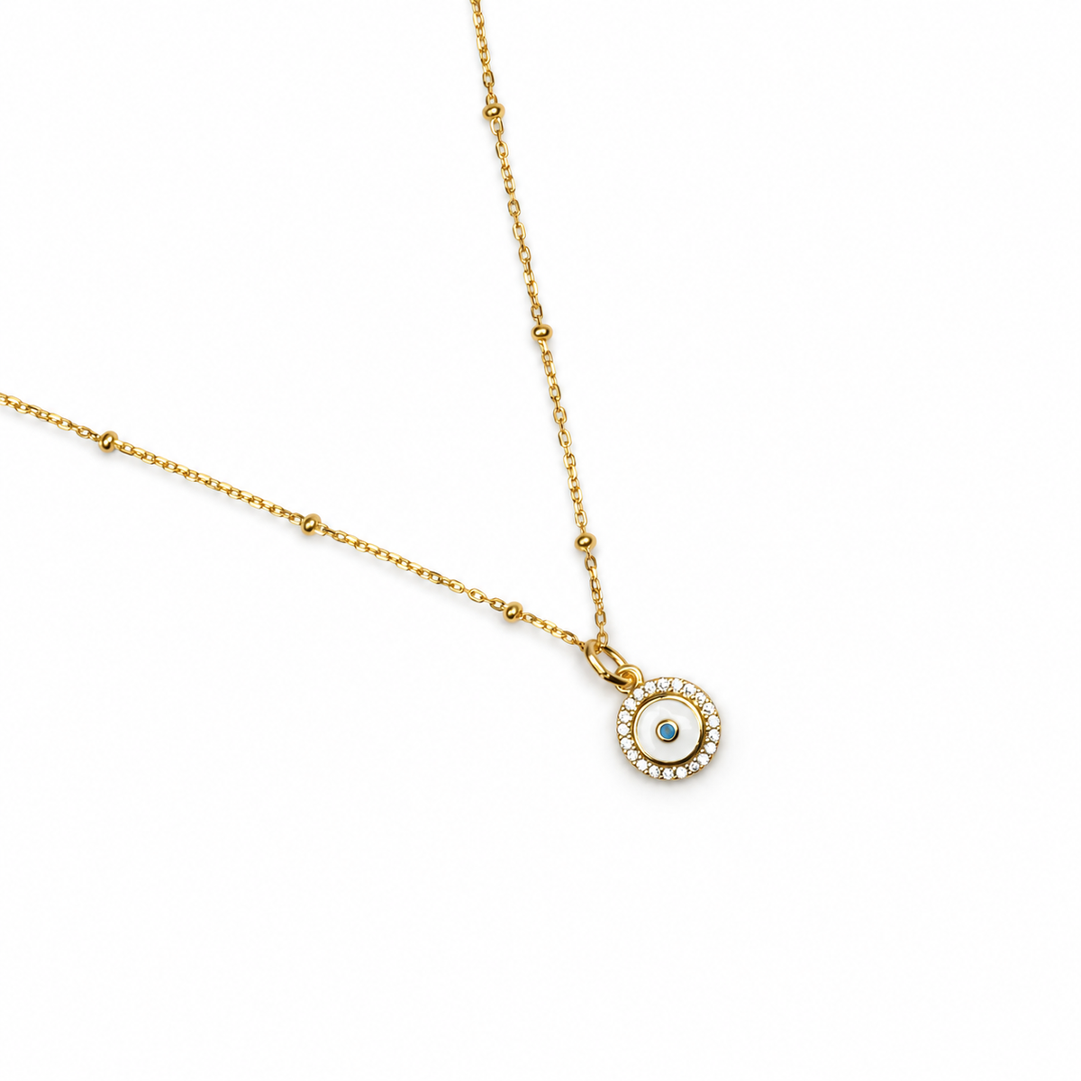 White Enamel Pavé Mini Evil Eye Necklace studio photo