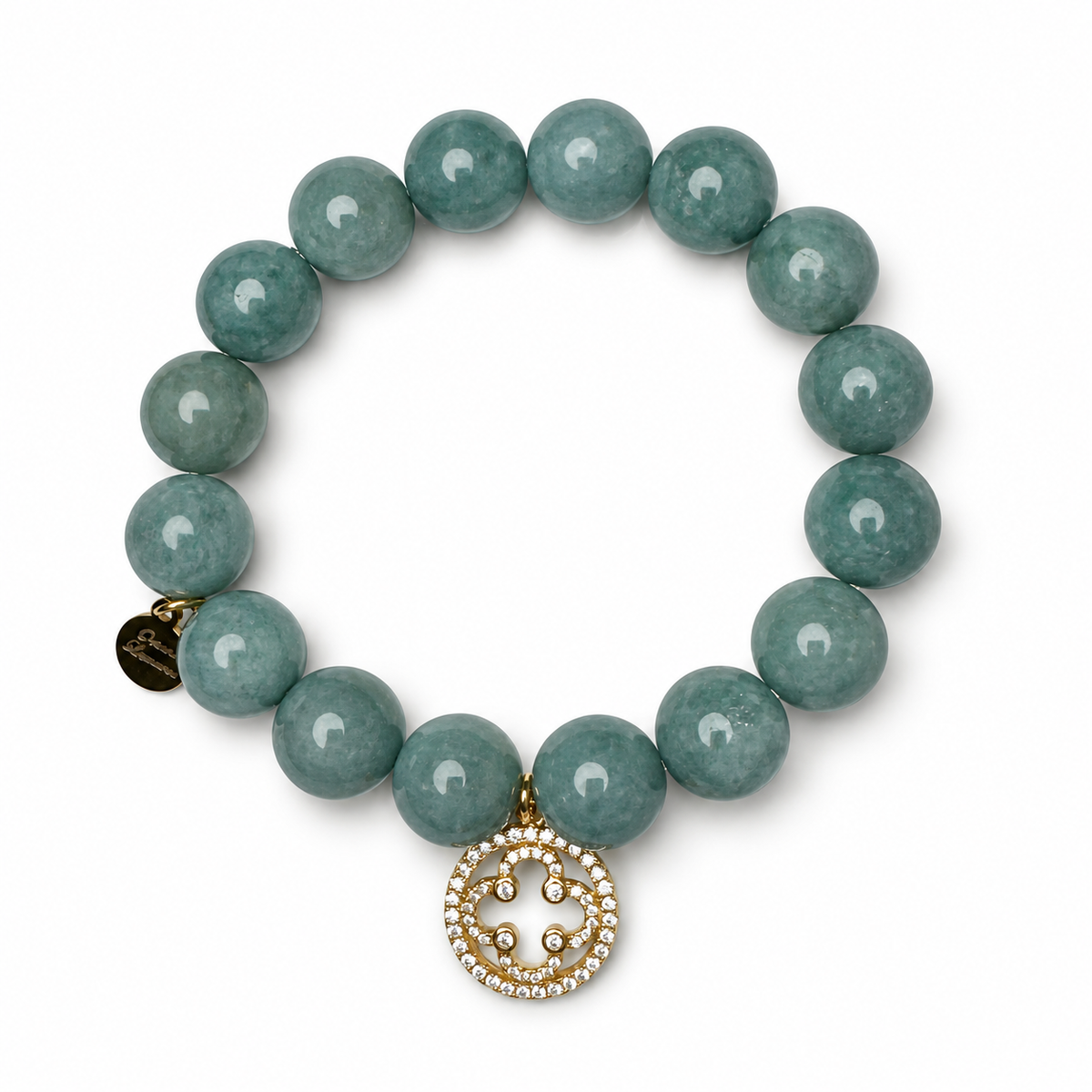 Persian Blue Jade with Pavé Gold Signature Logo on white studio background