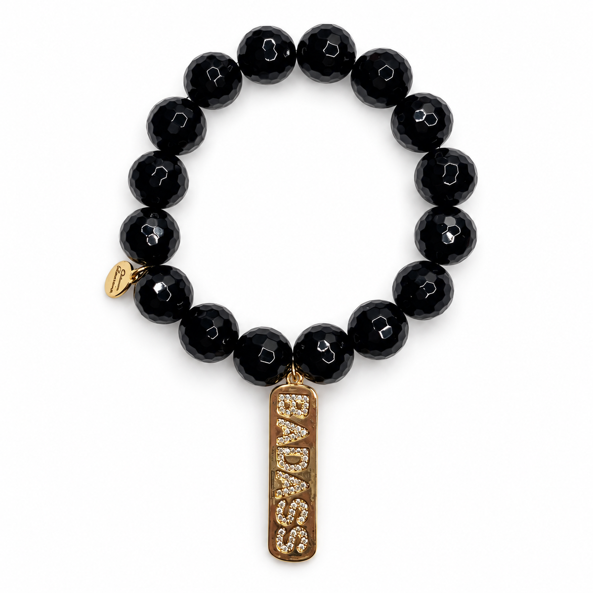 Black Onyx with Gold "Badass" Pendant on white studio background