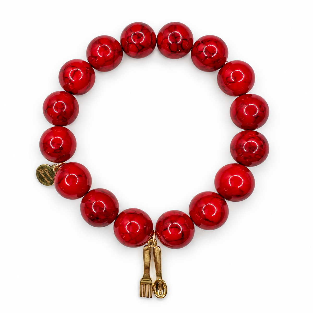 Red Howlite with Fork and Spoon Pendant on white studio background
