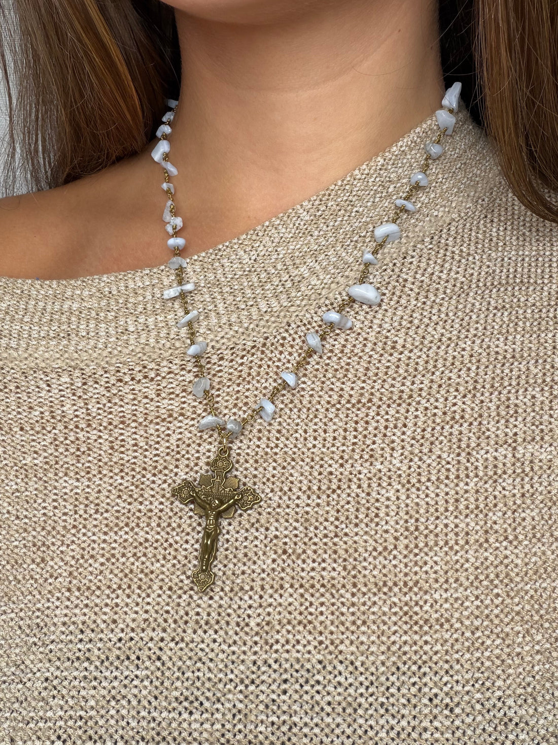 Serenity Blue Gemstone Chips Necklace with Cross Pendant