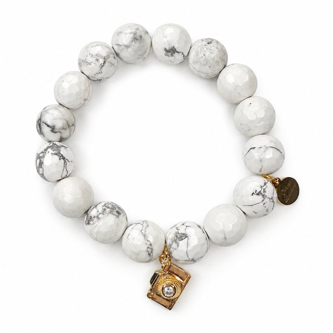 White Howlite with "Insta Famous" Camera Pendant on white studio background