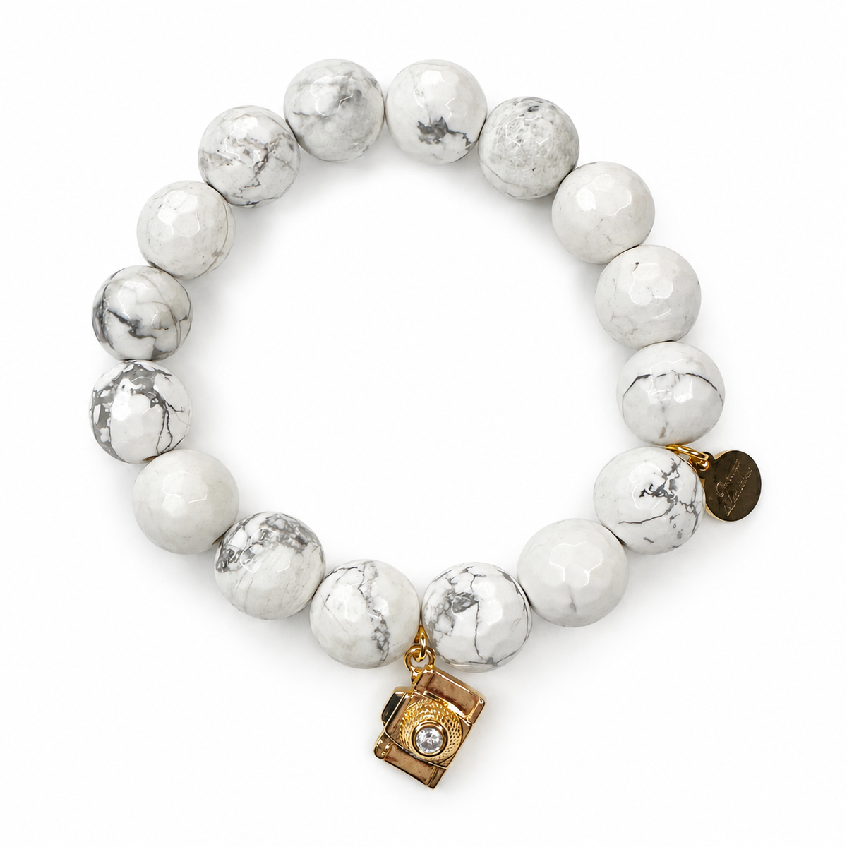 White Howlite with "Insta Famous" Camera Pendant on white studio background