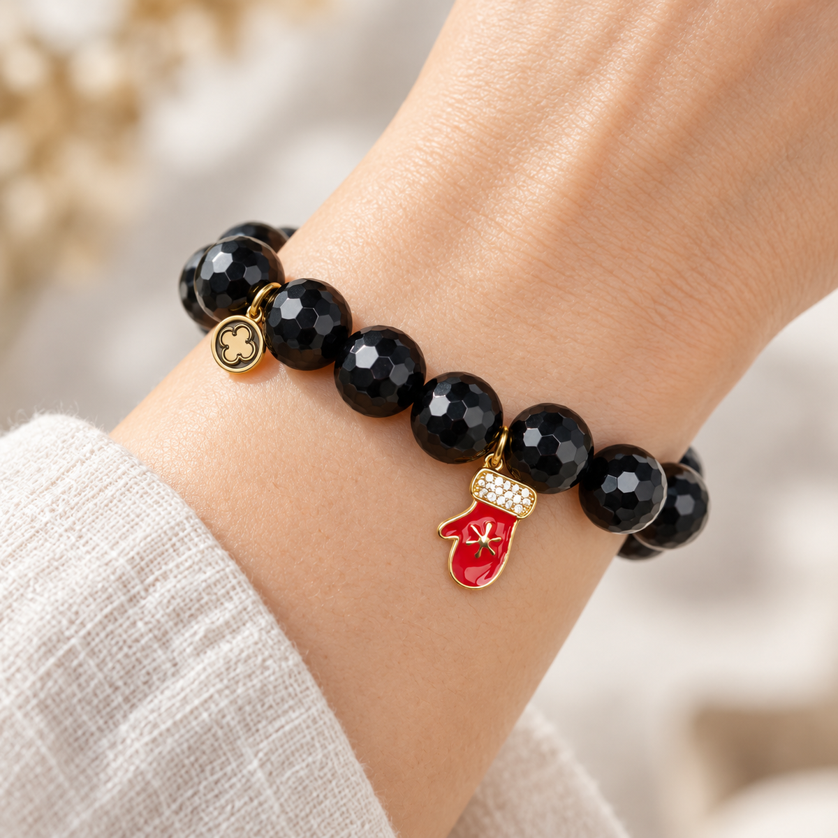 Black Onyx with Red Mitten Pendant worn on a woman&