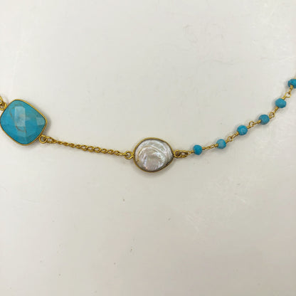 Demi Turquoise Bezel and Turquoise Stone Necklace with Pearl Bezel