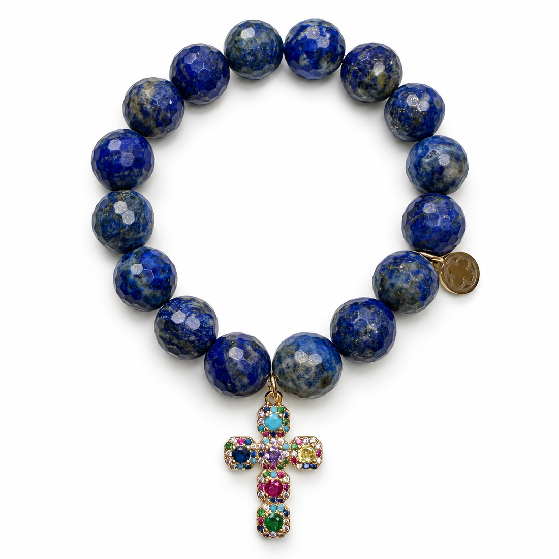 Lapis with Small Pavé Rainbow Cross Pendant on white studio background