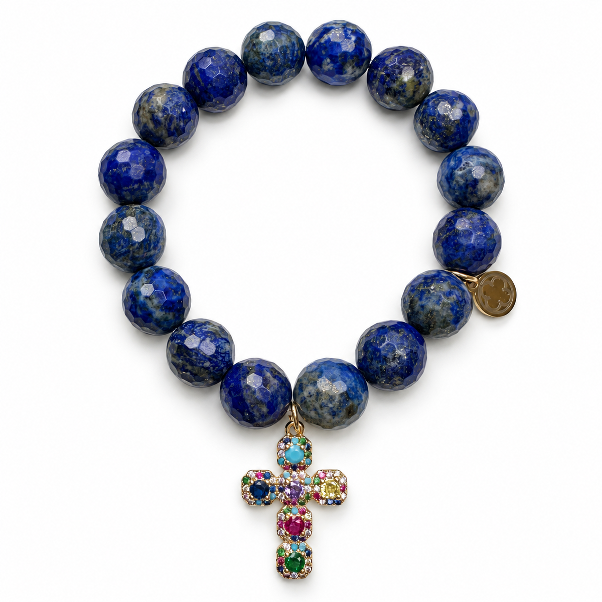 Lapis with Small Pavé Rainbow Cross Pendant on white studio background
