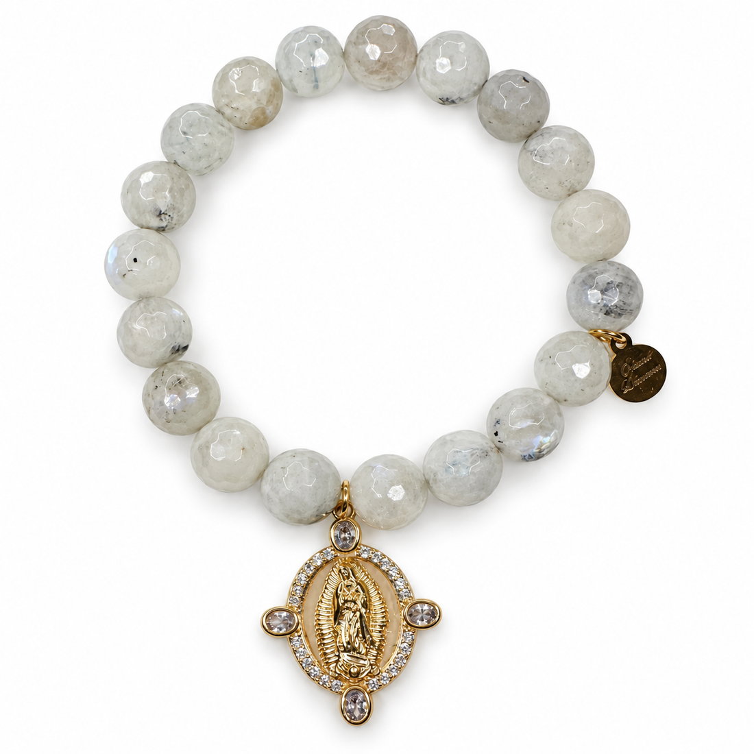 Moonstone with Praying Blessed Mother on white studio background