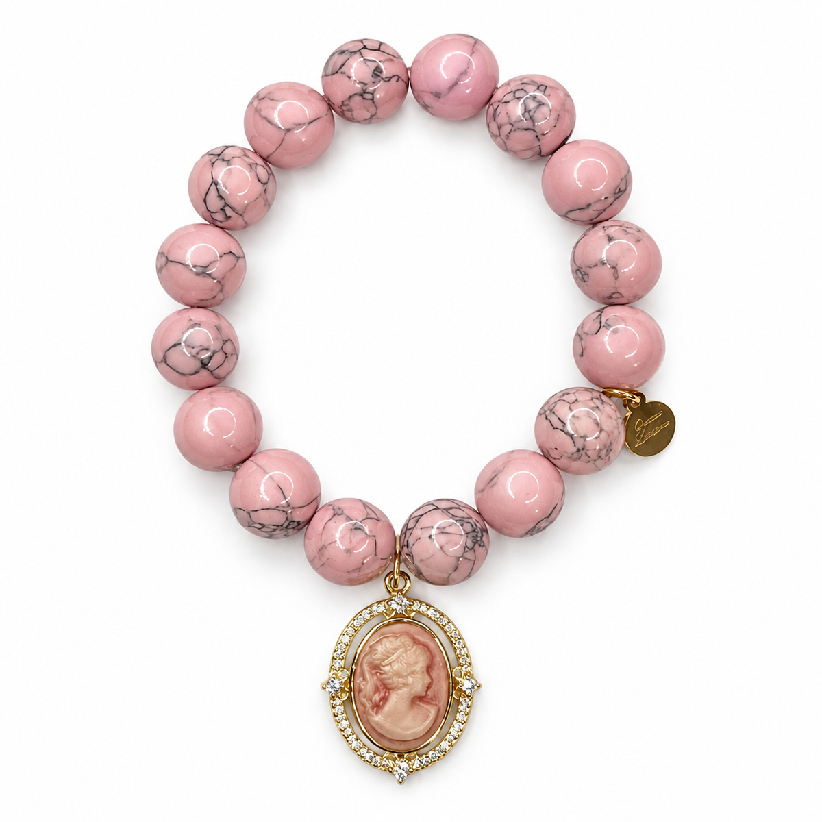 Light Pink Howlite with Pavé Pink Cameo Pendant on white studio background
