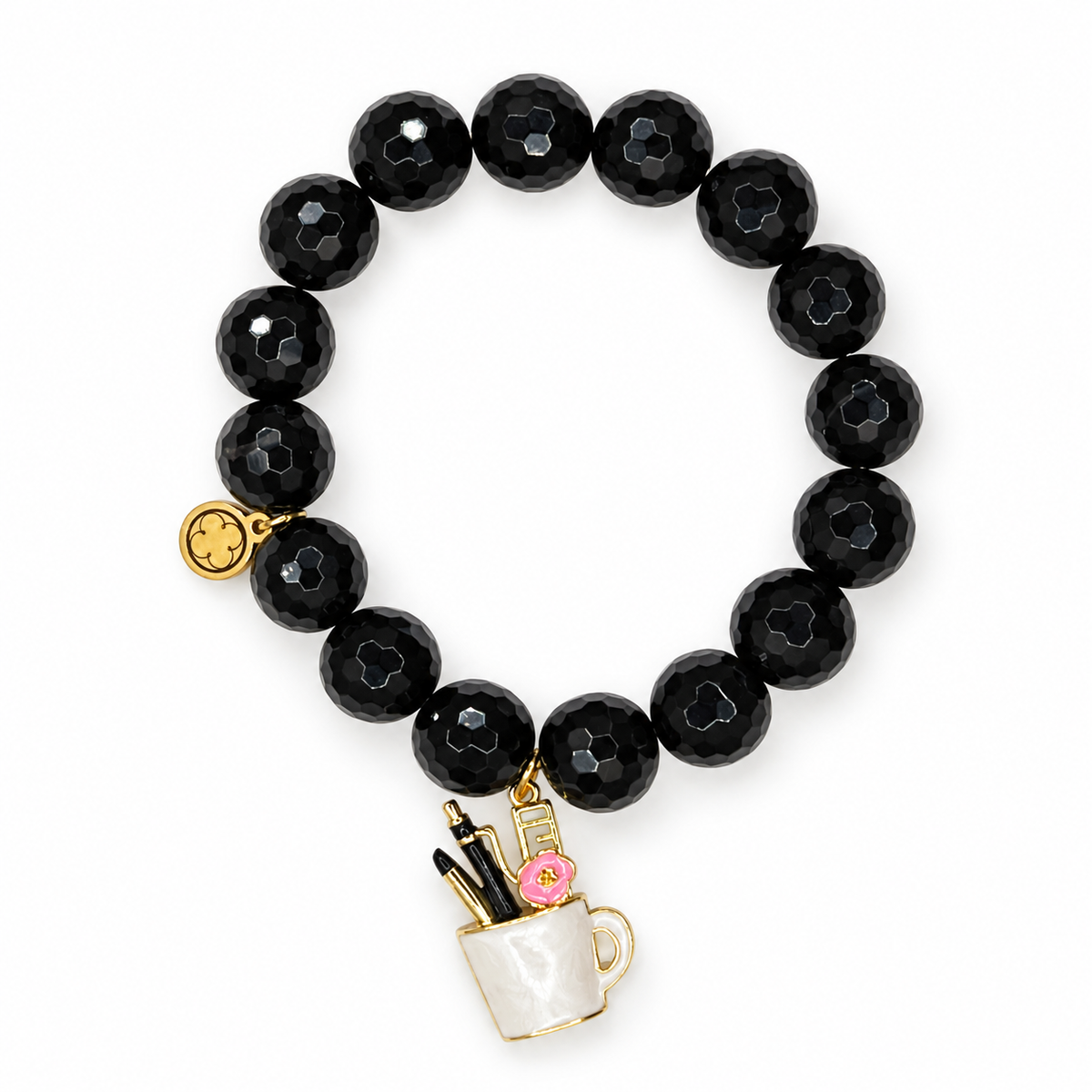 Black Onyx with Gold Pencil Cup Pendant on white studio background