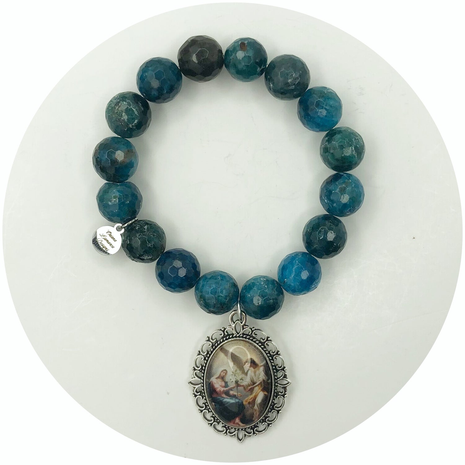 Blue Ember Agate with Mary with Angel Pendant