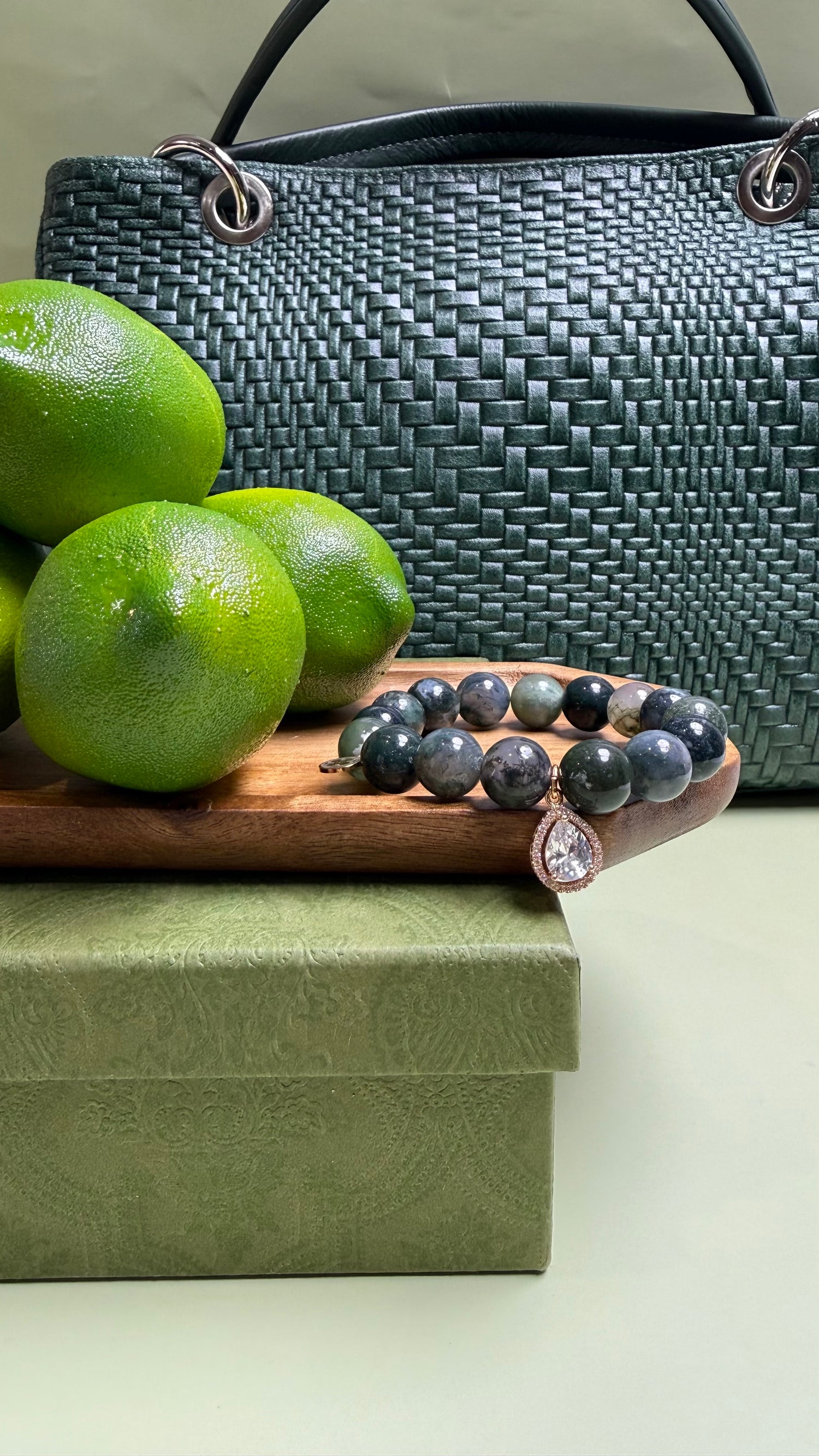 LIMITED EDITION Sicilian Cypress Green Agate with Gold Teardrop Pendant