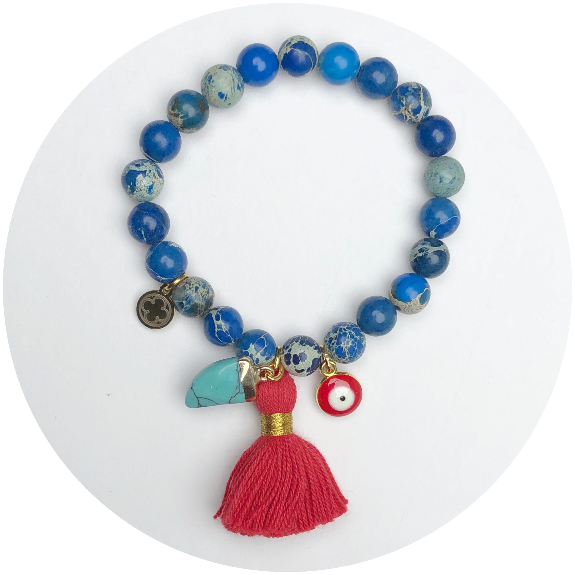 Blue Imperial Jasper with Red Tassel and Turquoise Horn Pendant