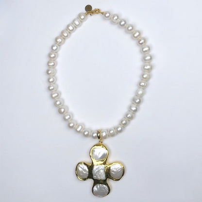 Perla Grande Freshwater Pearl with Pearl Bezel Cross Pendant