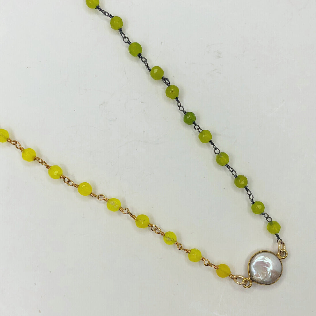 Demi Lime Green Quartz and Lemon Drop Quartz Necklace with Pearl Bezel