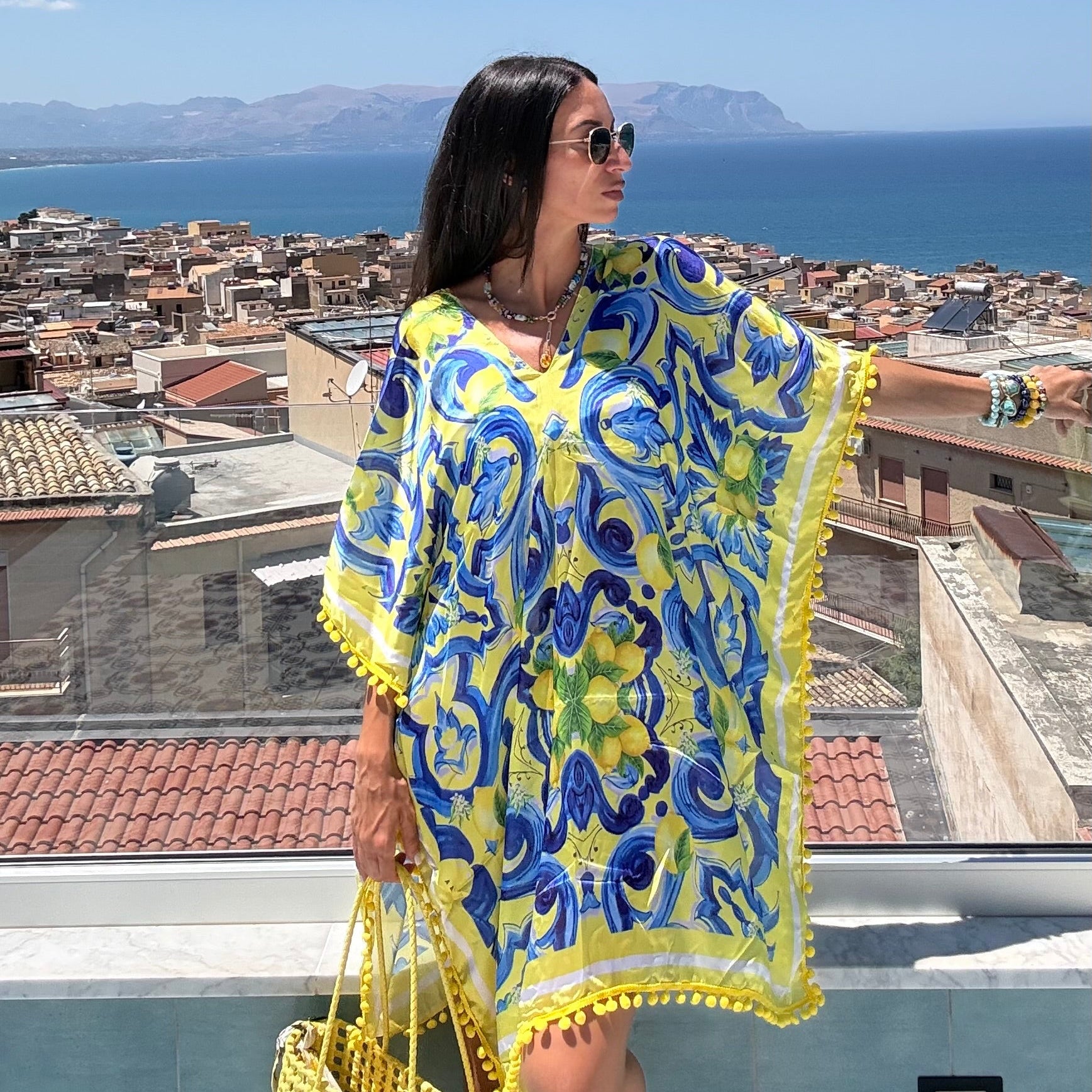 Blue and Yellow Scroll Foulard Dress