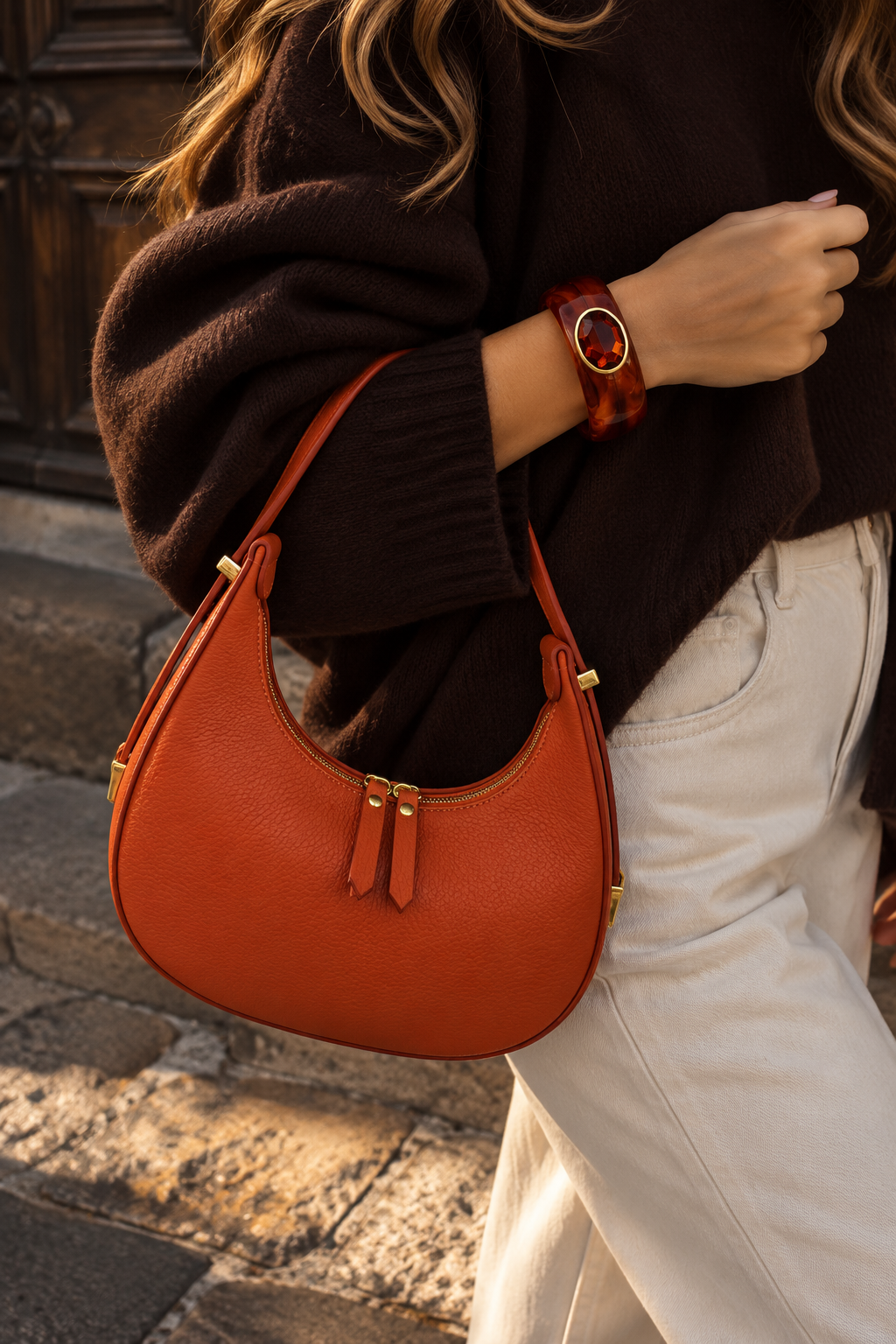 Mezza Luna Orange  Leather Handbag