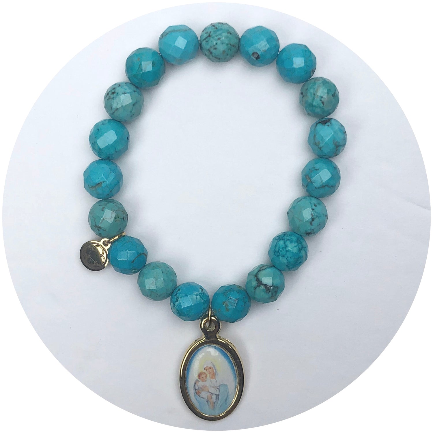 Toasted Teal Agate with Virgin Mary Pictured Pendant