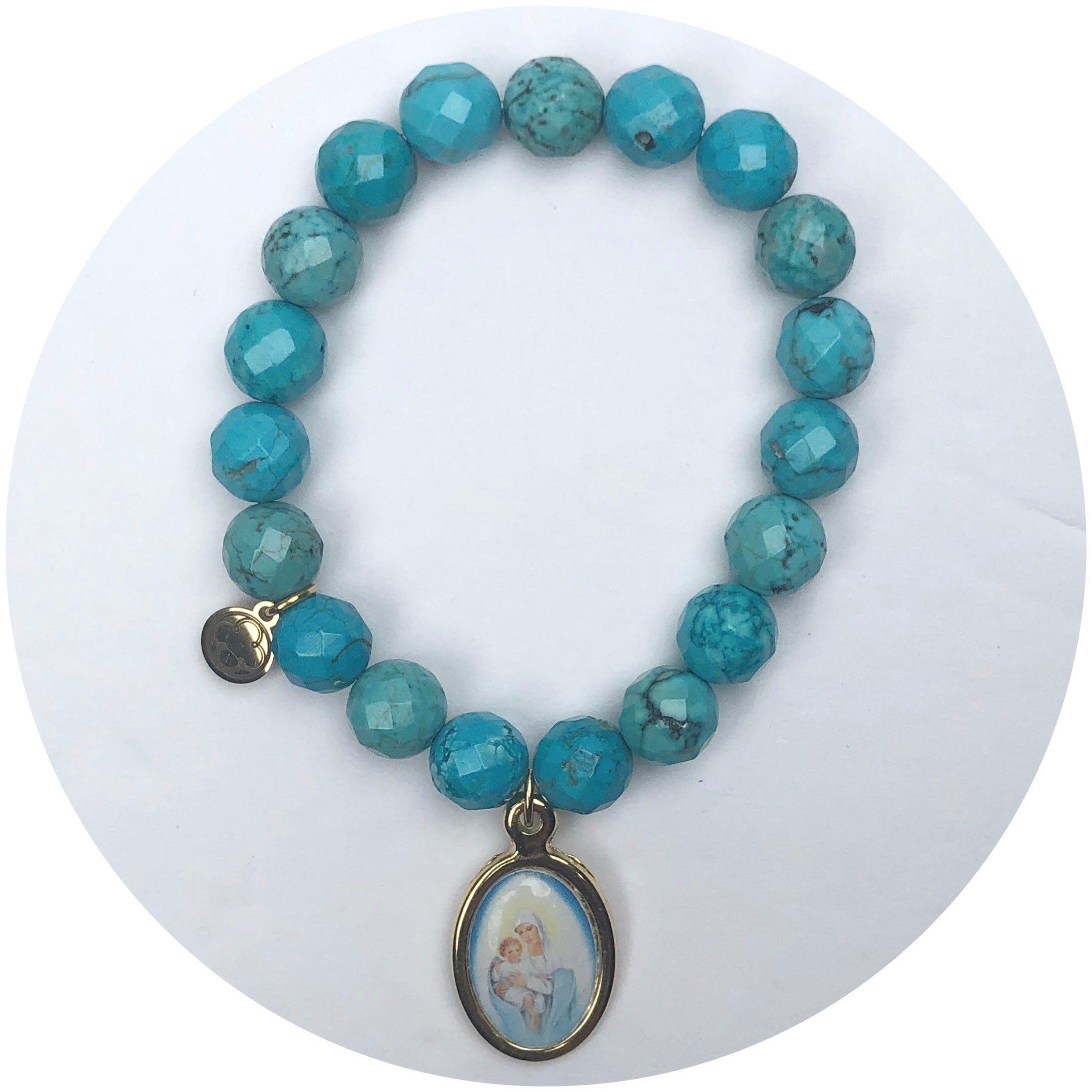 Toasted Teal Agate with Virgin Mary Pictured Pendant