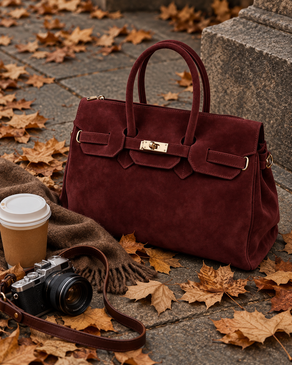 Monica Marsala Natural Suede Handbag