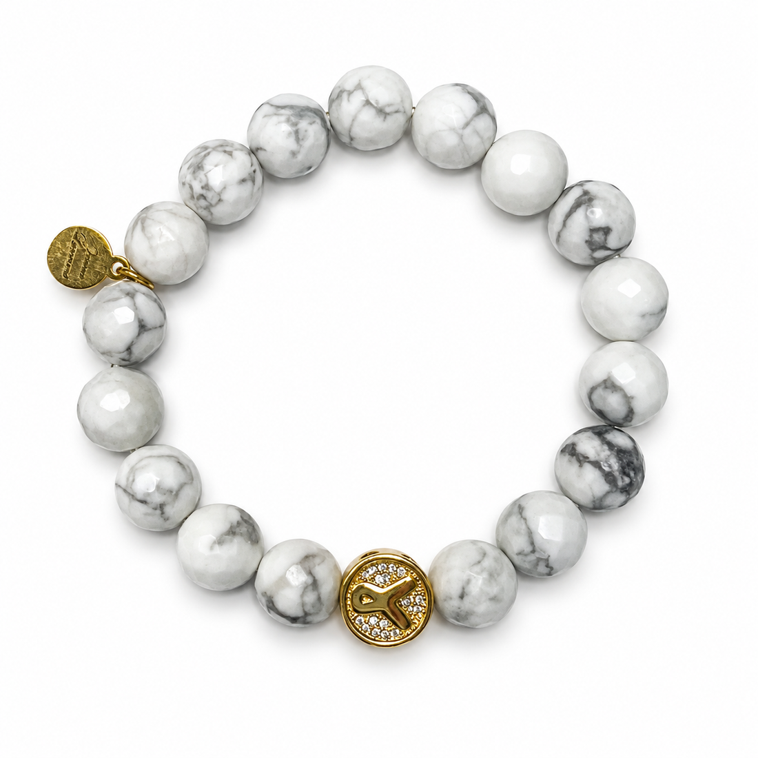 White Howlite with Pavé Gold Cancer Awareness Pendant on white studio background