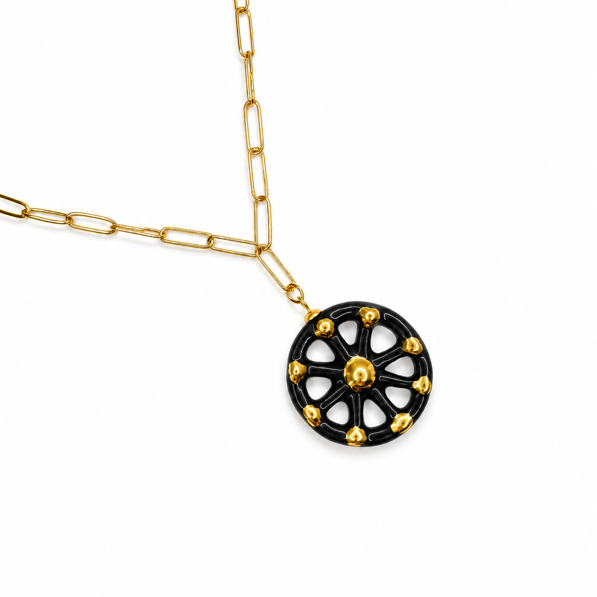 Sicilian Nero Oro Cart Wheel Necklace studio photo